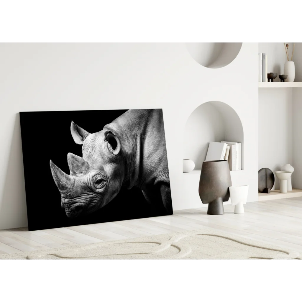 Majestic rhino head close-up black-and-white canvas wall art