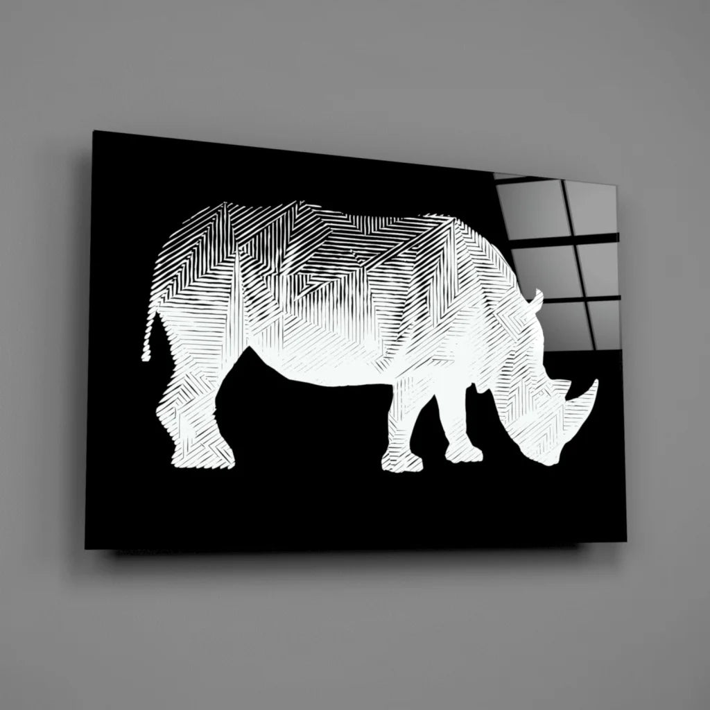 White rhino silhouette glass wall art with geometric patterns
