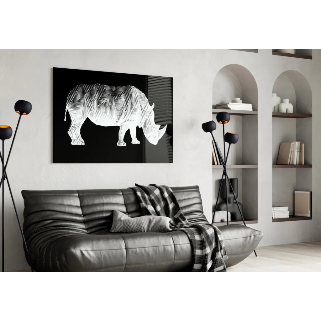 Stunning black and white rhinoceros glass wall art on glossy canvas
