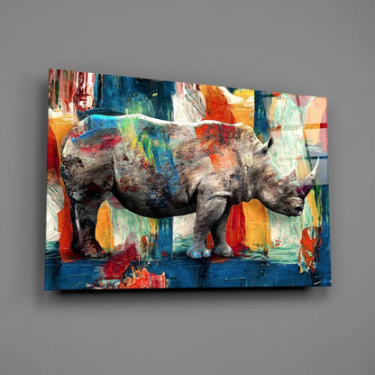 Vibrant gray rhino glass wall art with bold abstract reds, blues, oranges