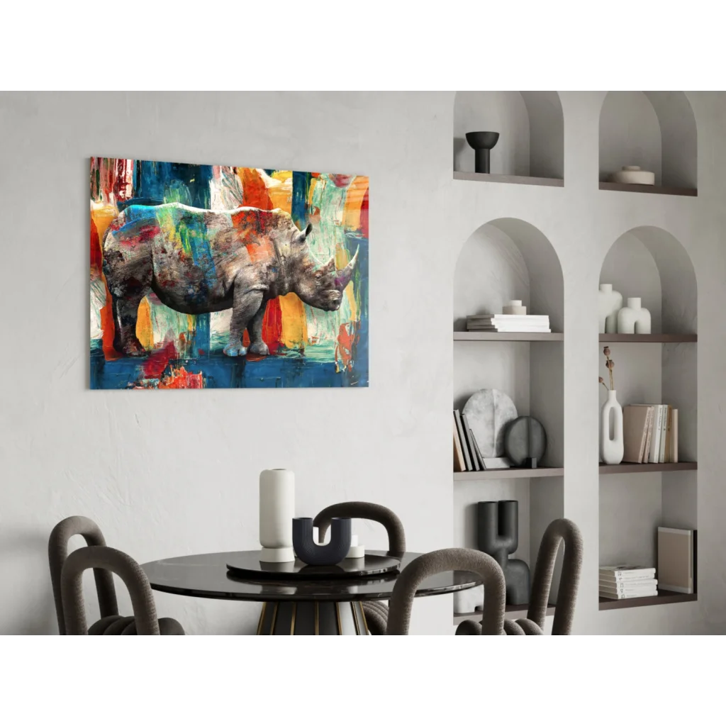 Vibrant abstract rhino glass wall art with bold blue, orange, red splashes