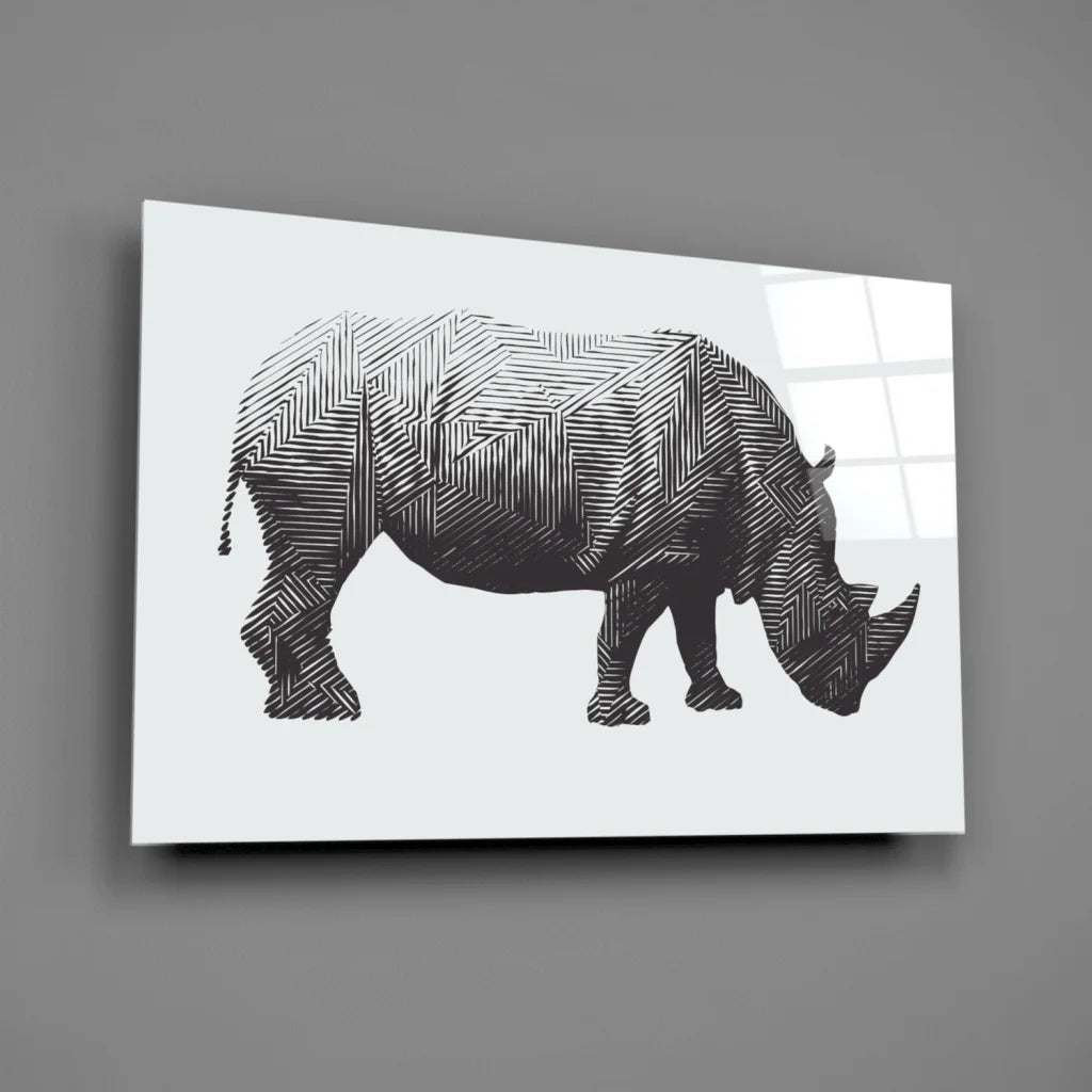 Black rhino silhouette glass wall art with geometric lines