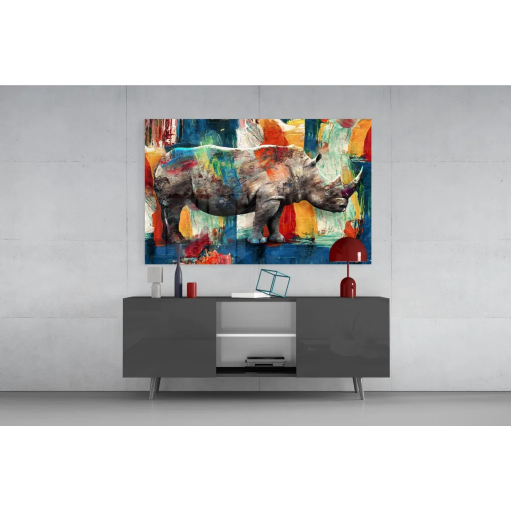 Bold abstract rhino glass wall art in blue, orange, green