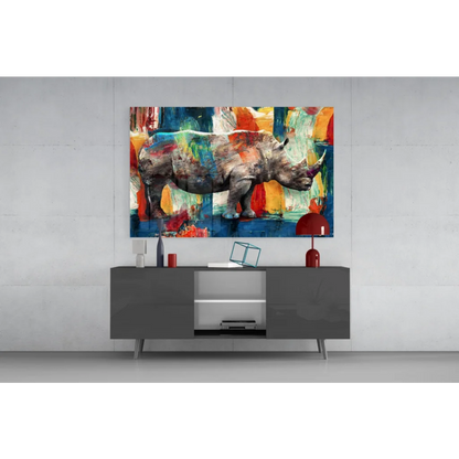 Bold abstract rhino glass wall art in blue, orange, green