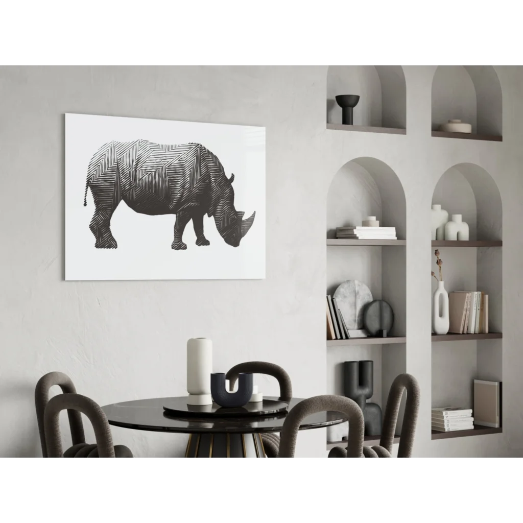 Stunning black rhino glass wall art with geometric lines on white canvas