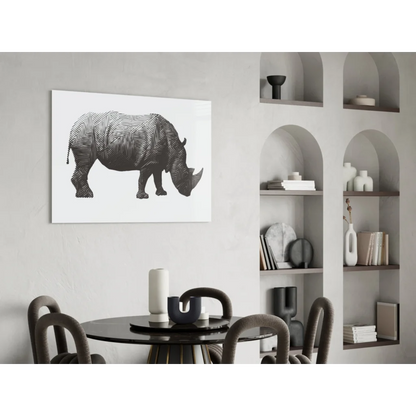 Stunning black rhino glass wall art with geometric lines on white canvas