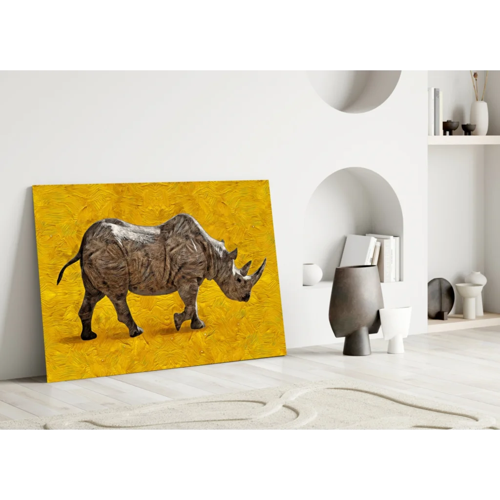 Grayish-brown rhino on vibrant yellow, bold rhino canvas wall art