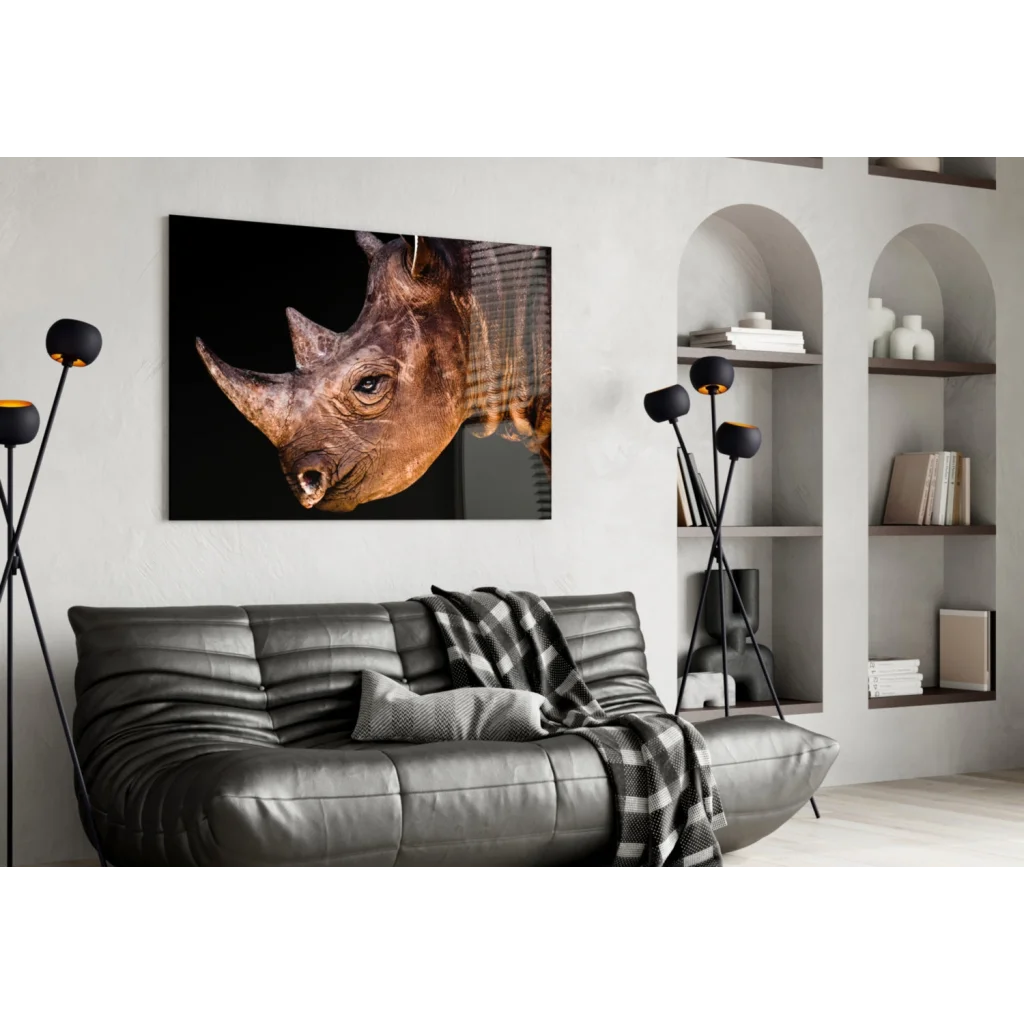 Majestic Rhino glass wall art canvas print on white wall