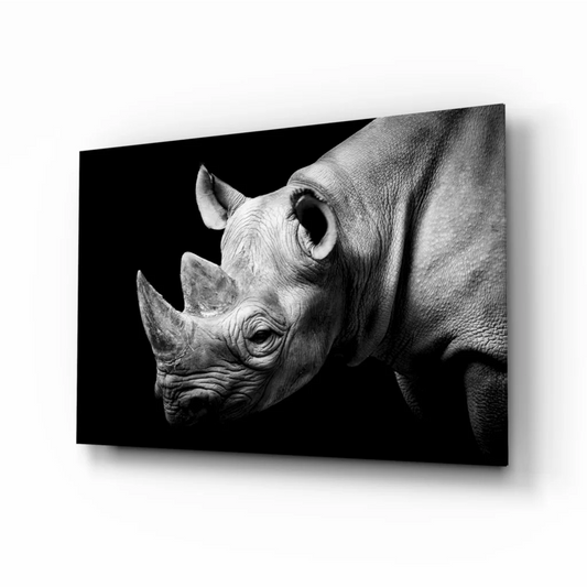 Black and white rhino head canvas wall art close-up