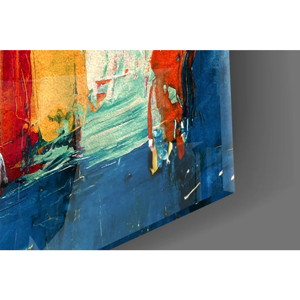 Vibrant rhino glass wall art with bold red, yellow, teal strokes on blue