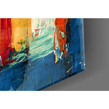 Vibrant rhino glass wall art with bold red, yellow, teal strokes on blue