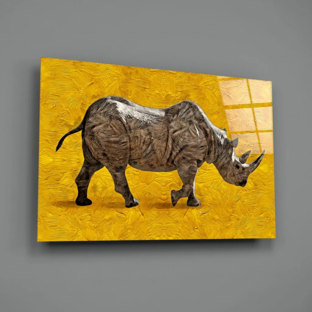 Gray rhino canvas wall art with white markings on yellow background