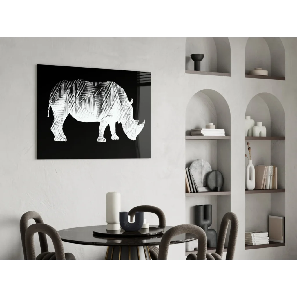 Black-framed glass wall art with white rhino silhouette in herringbone patterns