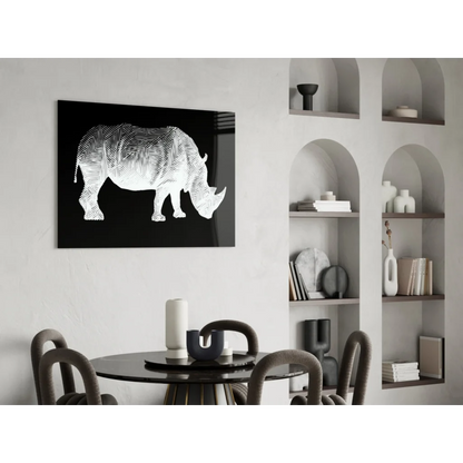 Black-framed glass wall art with white rhino silhouette in herringbone patterns
