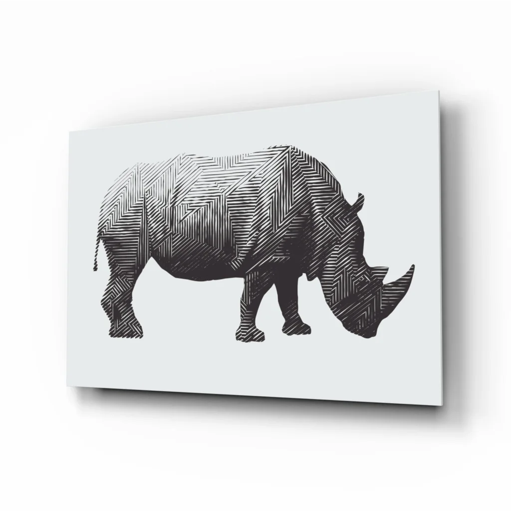 Stunning black rhino glass wall art with geometric lines on gray canvas