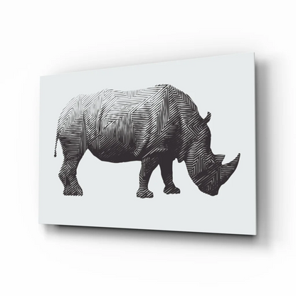 Stunning black rhino glass wall art with geometric lines on gray canvas