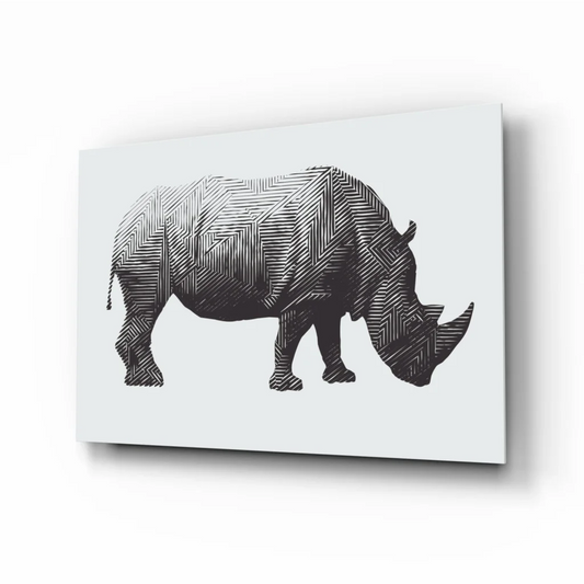 Stunning black rhino glass wall art with geometric lines on gray canvas
