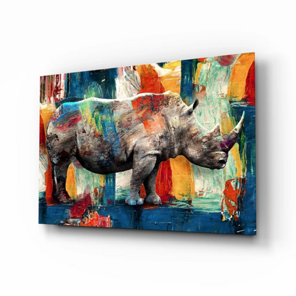 Vibrant gray rhino on bold blue orange red abstract glass wall art