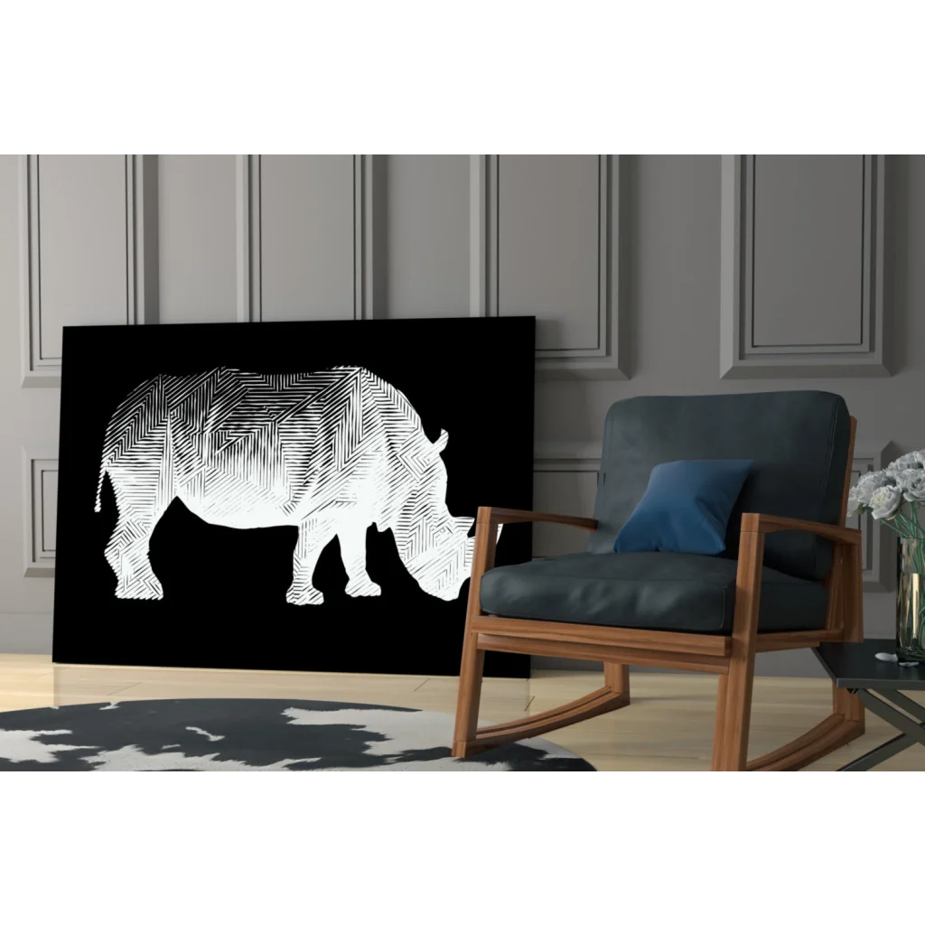 White rhinoceros silhouette in herringbone lines on black glass wall art
