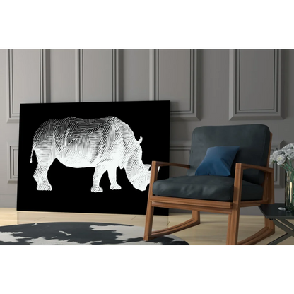 White rhinoceros silhouette in herringbone lines on black glass wall art