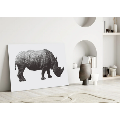 Stunning black rhino glass wall art with hatched lines on white canvas