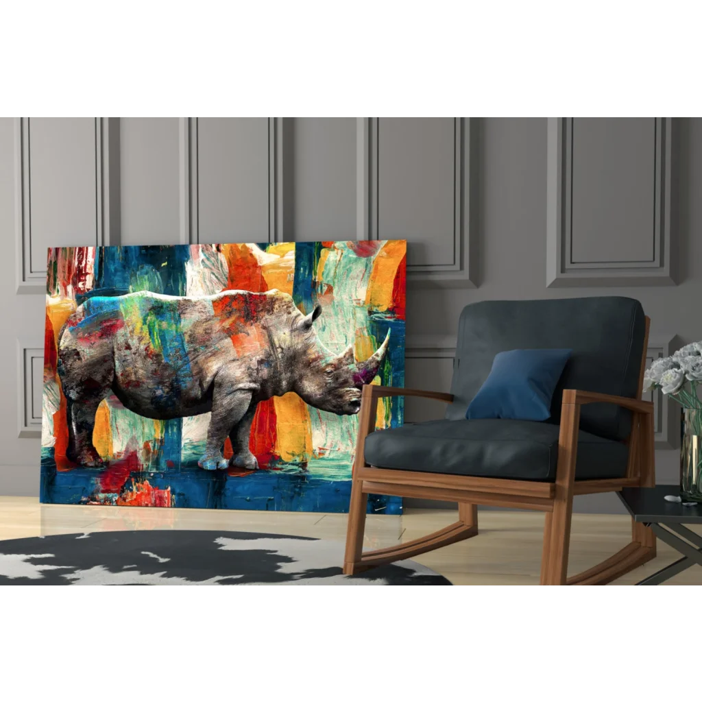 Vibrant gray rhino glass wall art with bold blue, orange, green strokes