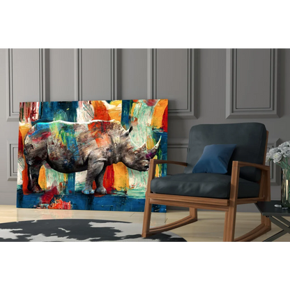 Vibrant gray rhino glass wall art with bold blue, orange, green strokes