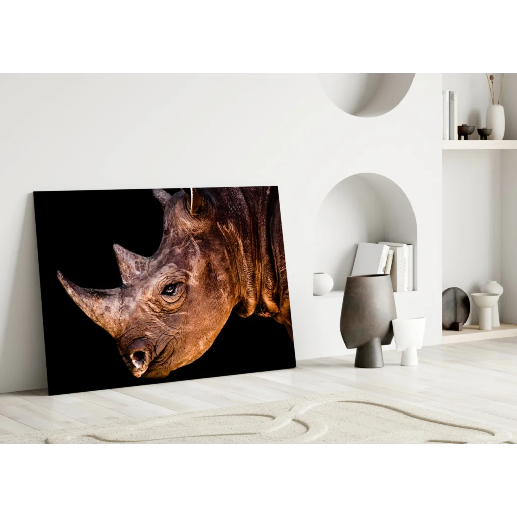 Majestic Rhino glass wall art: black-and-white rhino head canvas print