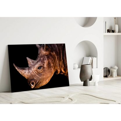 Majestic Rhino glass wall art: black-and-white rhino head canvas print