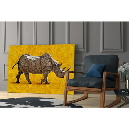 Textured grayish-brown rhino wall art on bold yellow background