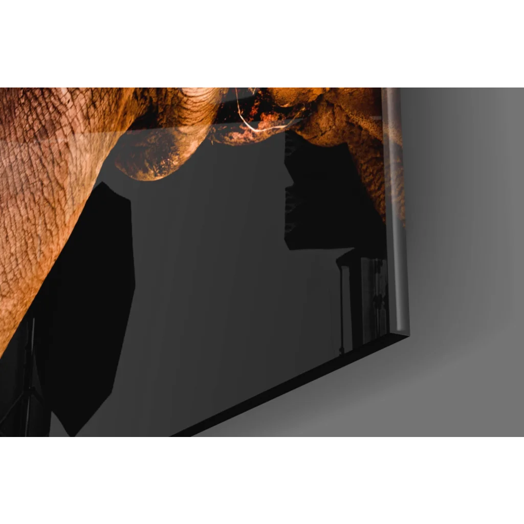 Majestic Rhino glass wall art with vivid textured brown skin on black TV frame