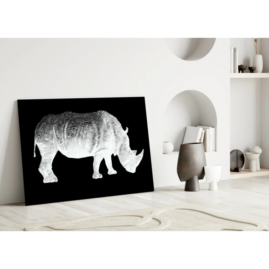 Black rhinoceros silhouette in geometric patterns on glass wall art
