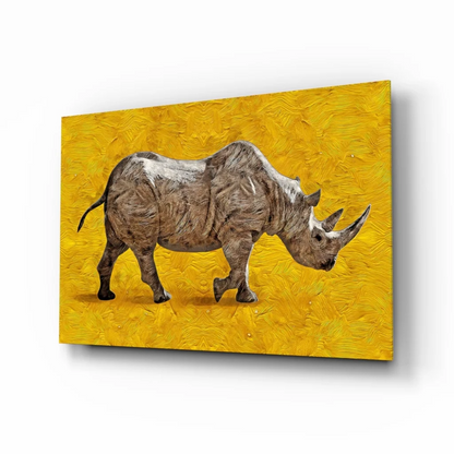 Gray rhino wall art canvas print on bold yellow background