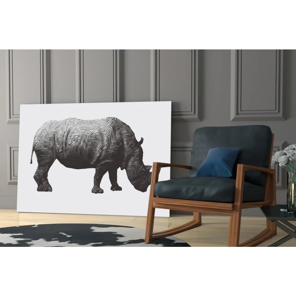 Stylized rhino glass wall art with black white herringbone lines
