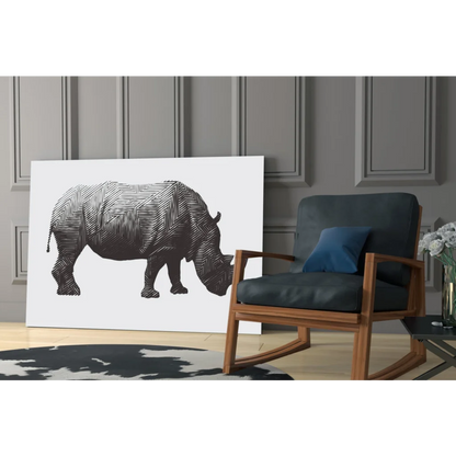 Stylized rhino glass wall art with black white herringbone lines