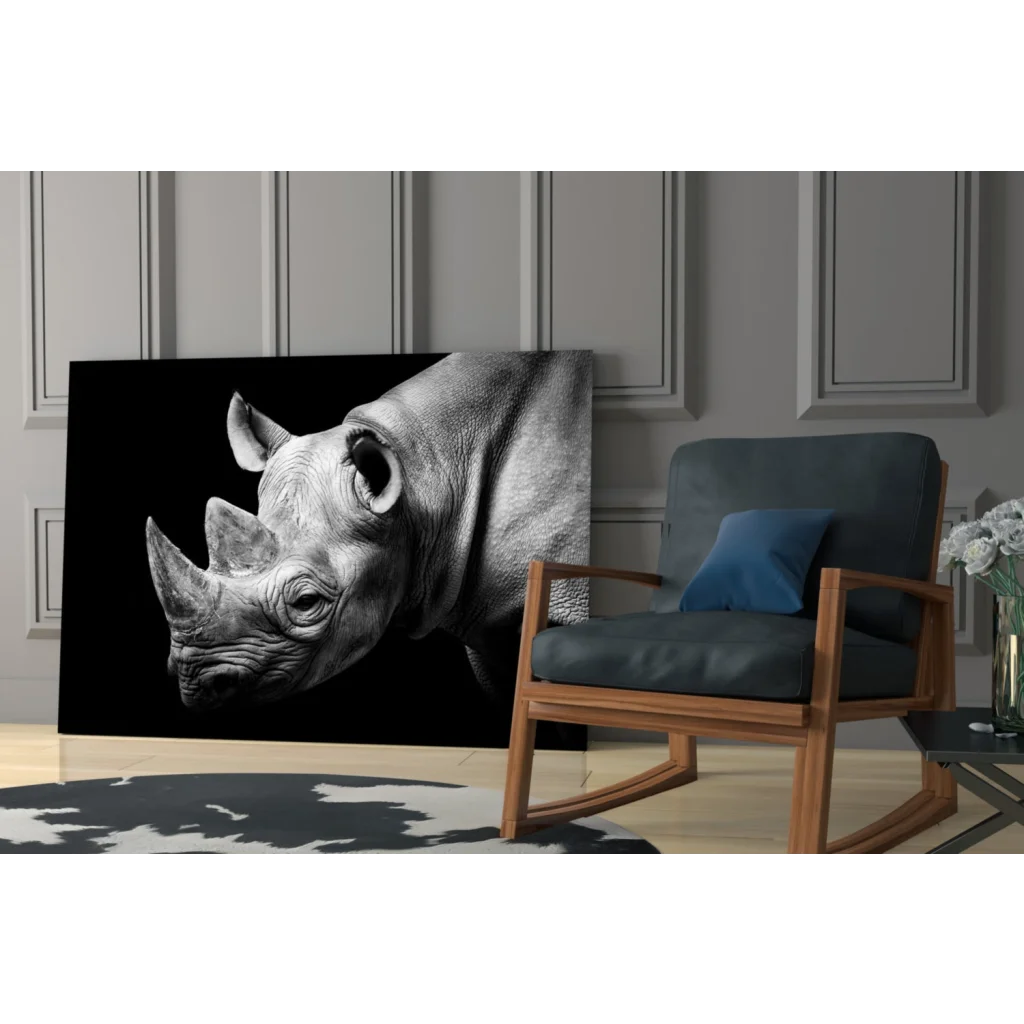 Black and white rhino head canvas wall art print