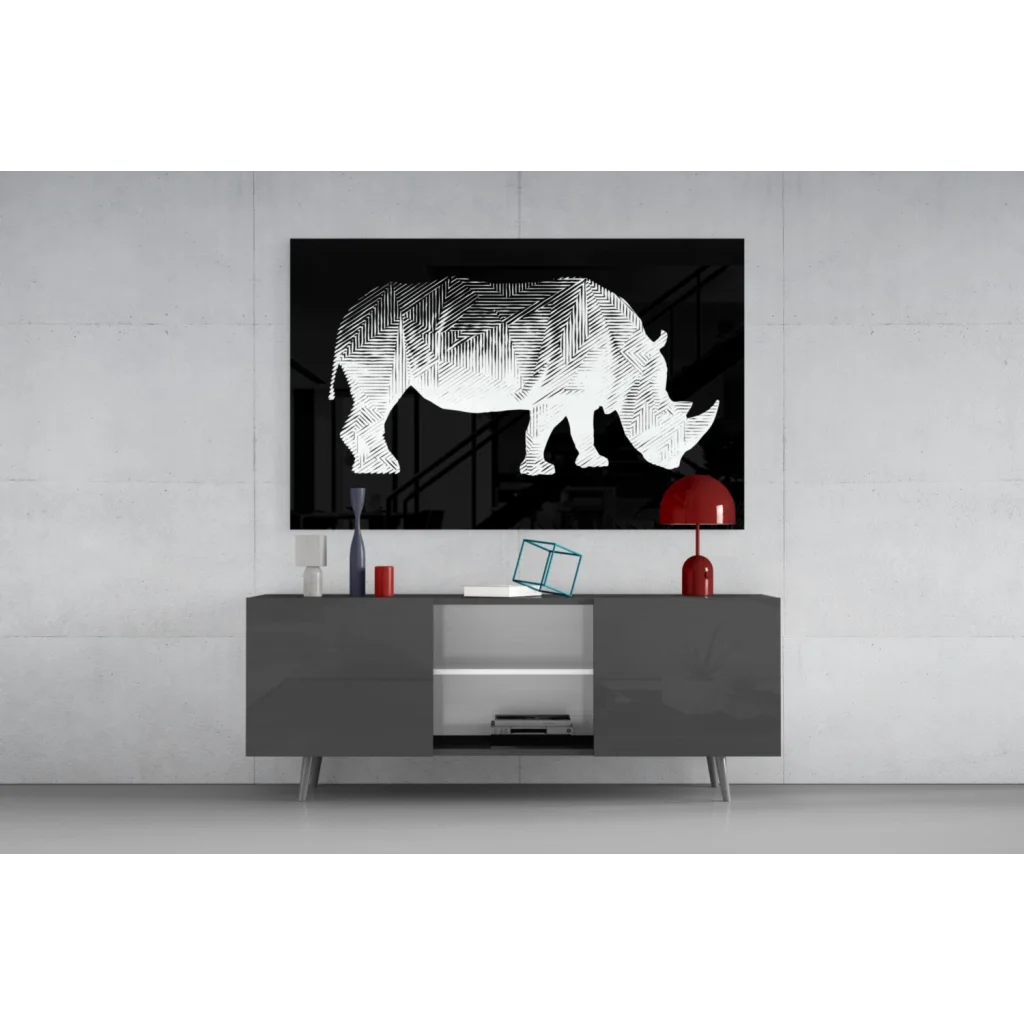 Black and white geometric rhinoceros glass wall art on glossy black canvas