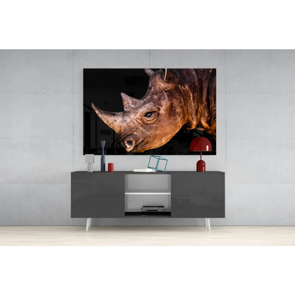 Majestic Rhino glass wall art: black-and-white photo print