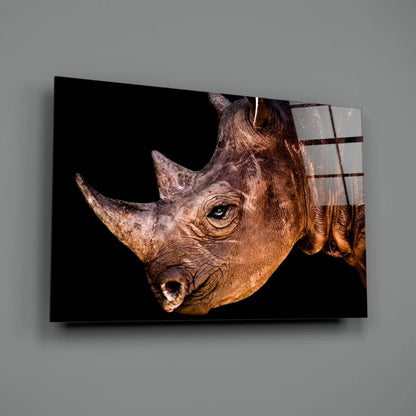 Majestic Rhino glass wall art canvas print with black-gold portrait