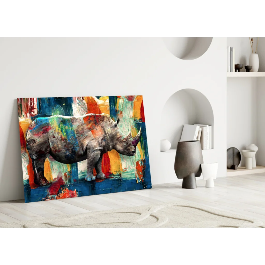 Stunning rhino glass wall art with bold abstract colors