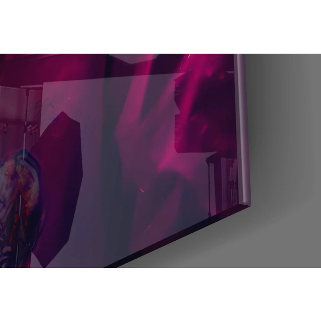 Neon Rhino Hoodie glass wall art print with vibrant purple magenta TV display