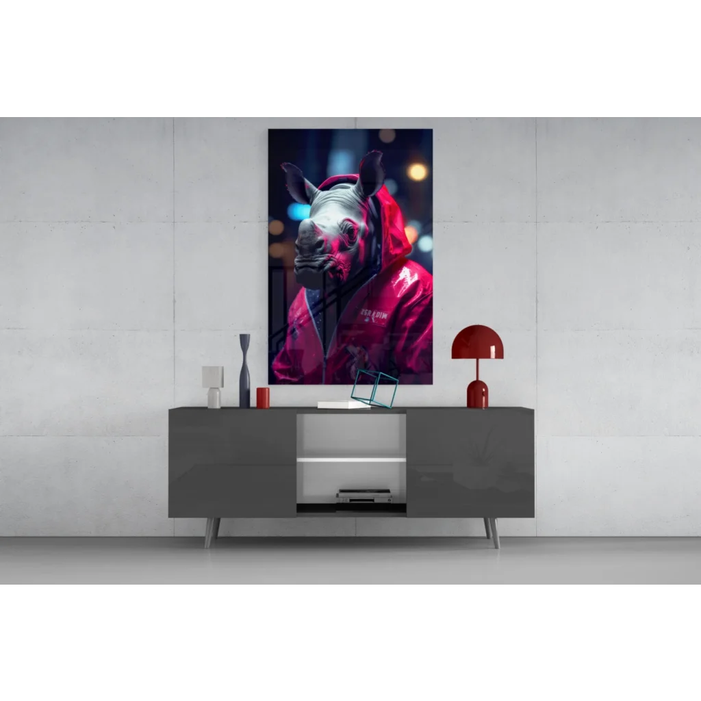 Vibrant red hoodie rhino portrait on neon glass wall art print