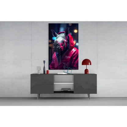 Vibrant red hoodie rhino portrait on neon glass wall art print