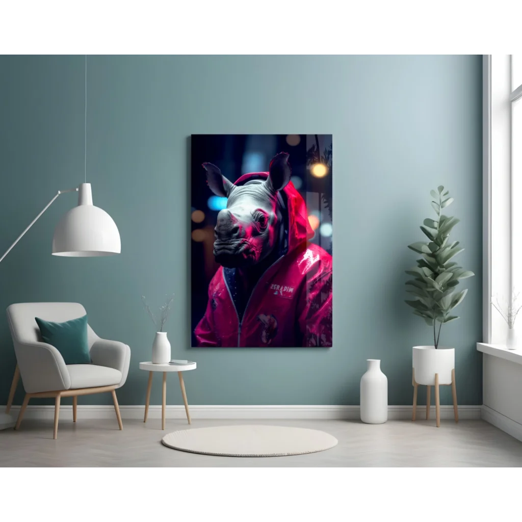 Neon rhino in red hoodie glass wall art print on vibrant urban backdrop