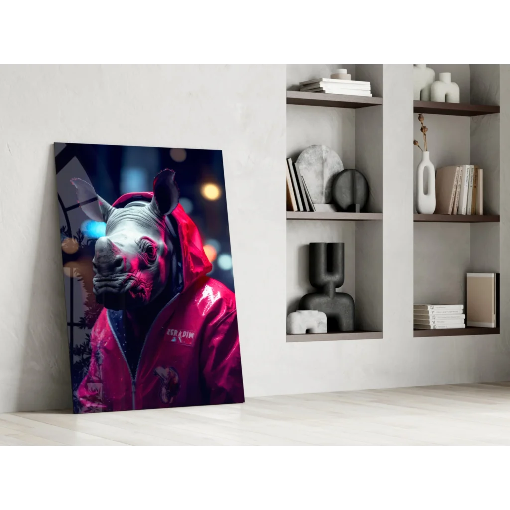 Vibrant red hoodie rhino on glass wall art print leaning against white wall