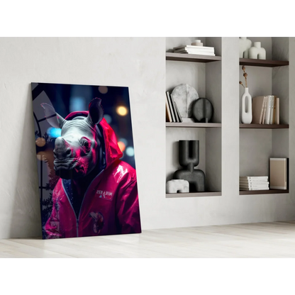 Vibrant red hoodie rhino on glass wall art print leaning against white wall