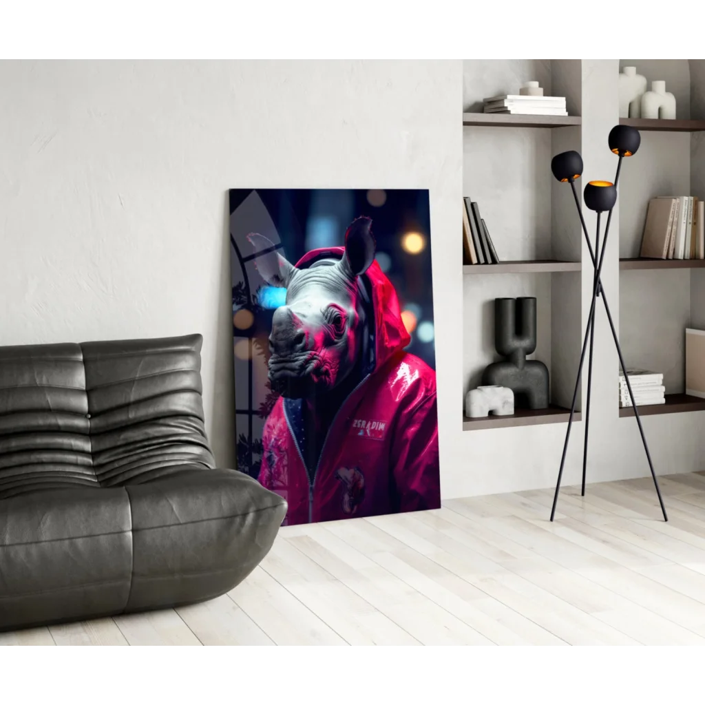 Vibrant red hoodie rhino portrait on neon glass wall art print