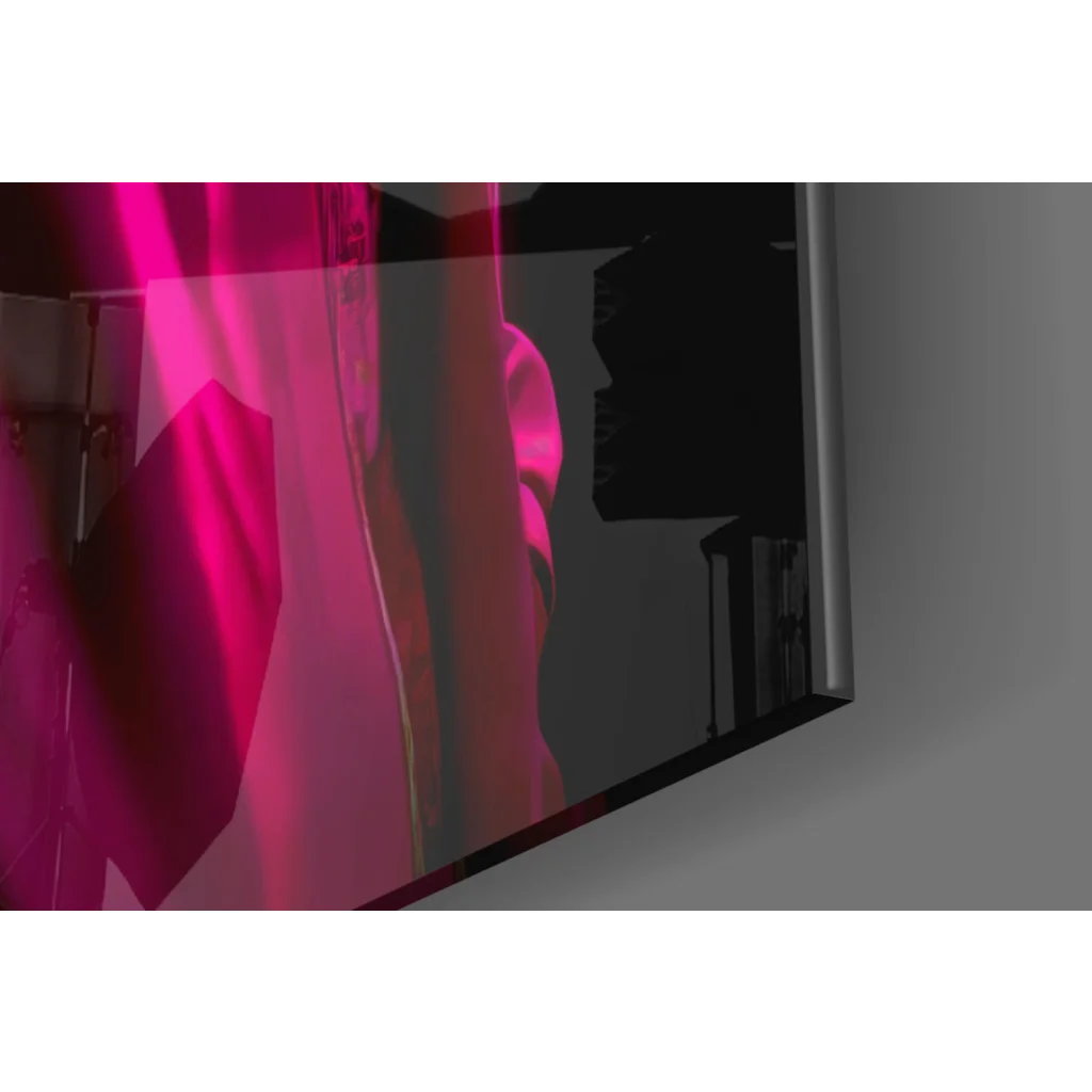 Sleek flat-screen TV in Neon Rhino cyberpunk glass wall art print