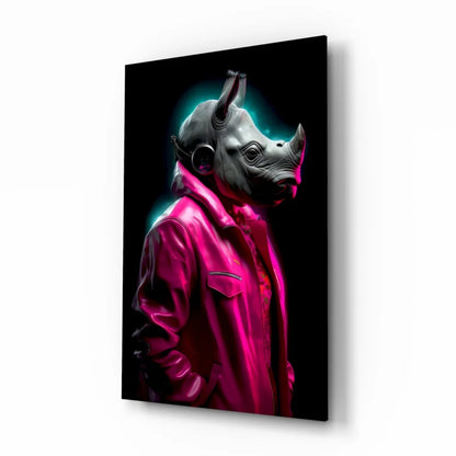 Neon Rhino in cyberpunk style on glass wall art canvas print