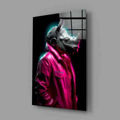 Neon Rhino in pink jacket cyberpunk glass wall art canvas print